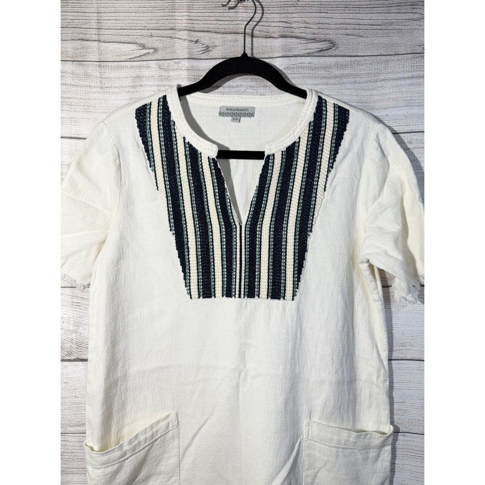 World Market S/M White Embroidered Cotton Dress Lagenlook Relaxed Boho Earthy - Picture 2 of 7